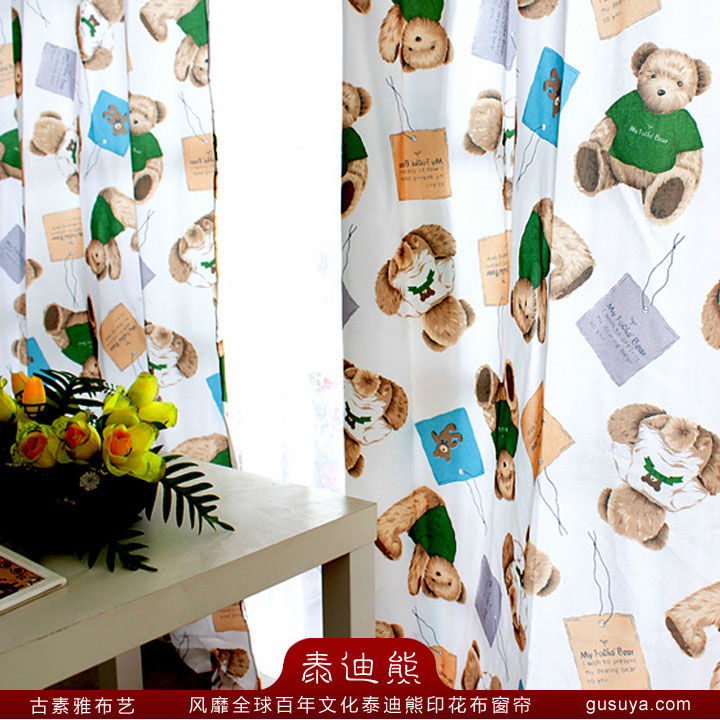 儿童房窗帘定做泰迪熊风靡全球百年文化涤棉印花布海口量尺寸安装